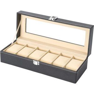 NEW -  Leather Watch Box Display Case &Jewelry Organizer with Glass Top